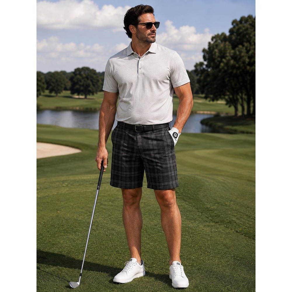 Haggar Golf Shorts Size 40 Grey Plaid Flat Front Polyester Performance #1519